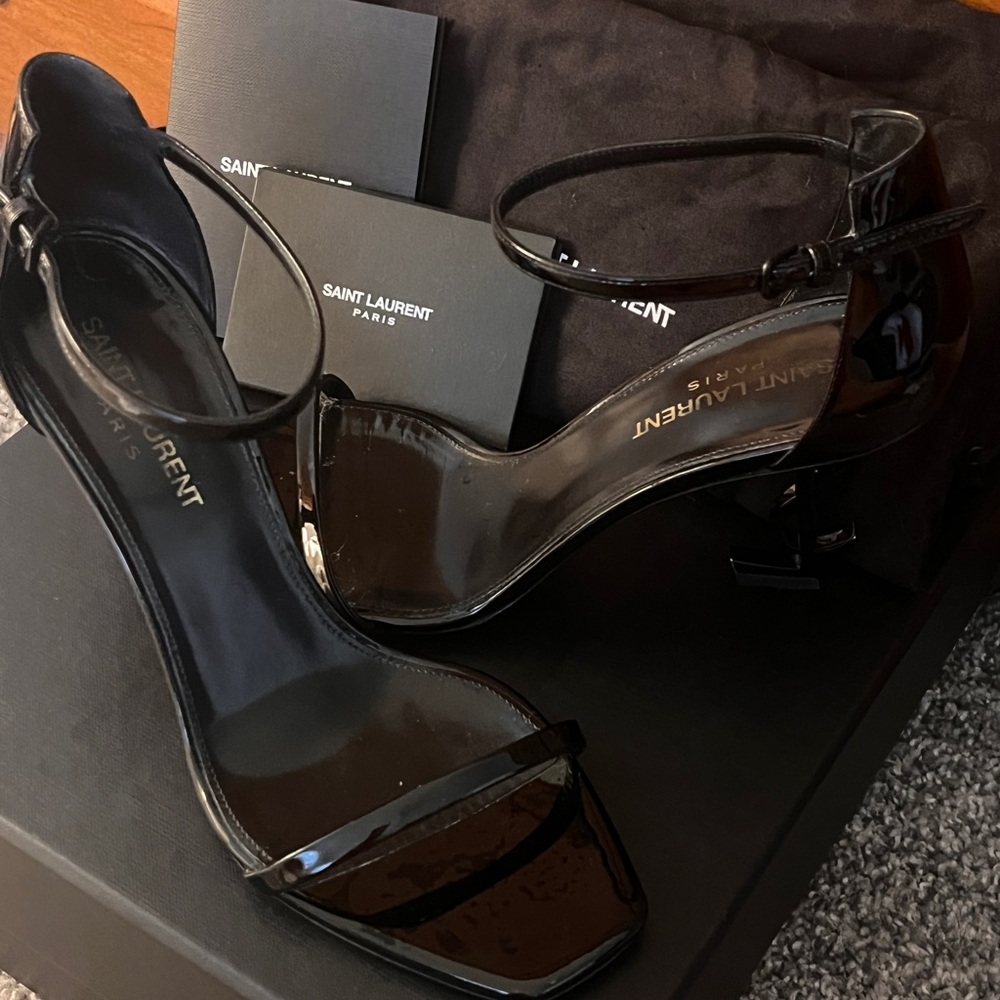 Saint Laurent Glossy Black Patent Ankle-Strap Heels